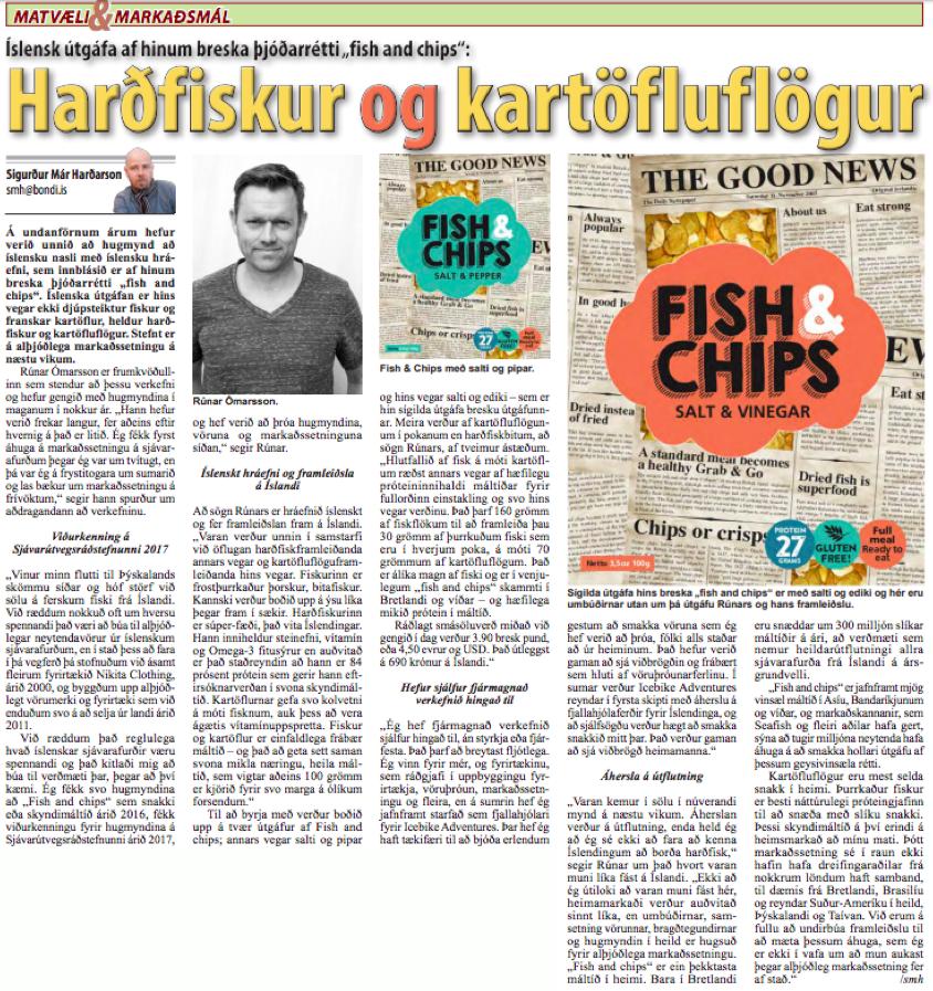 A news-bit in the "Icelandic Farmers Newspaper" about the Bifröst fish & chips snack that we'll be delivering for the first time this month. 